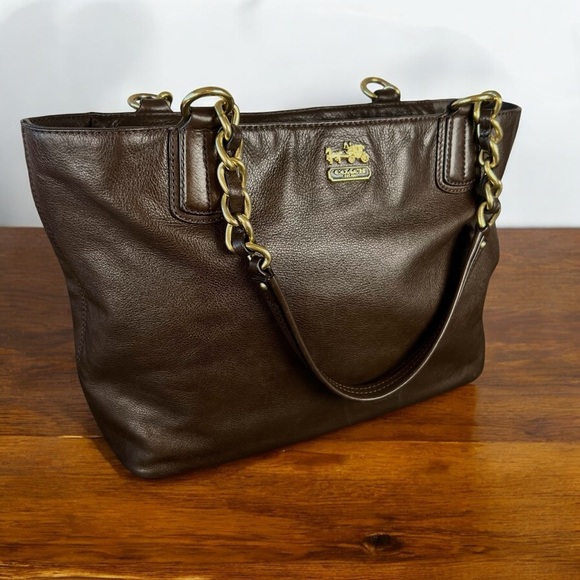 Coach Madison Brown Leather Tote Bag with Gold Chain Detail - Picture 1 of 12